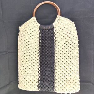 Woven cotton Cord Satchel Tote w/ Round Wood Handles in Black & White / Cream